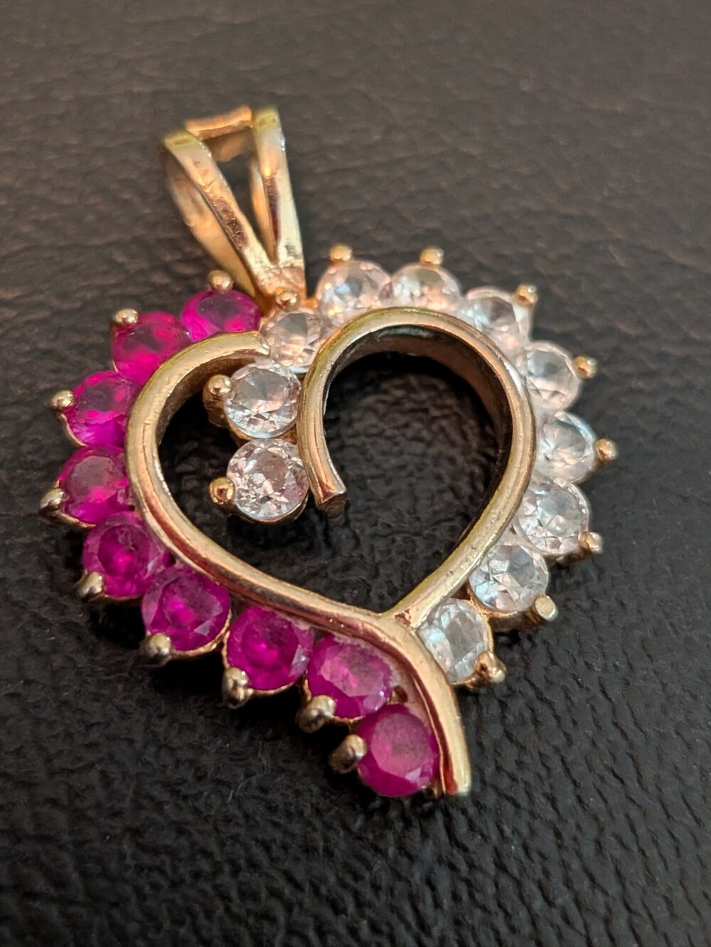 Gold Heart Pendant with Pink Ruby and White Gemstones